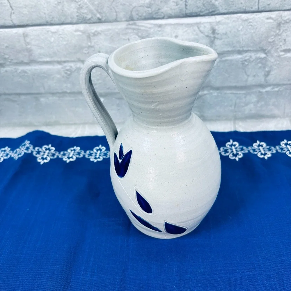 Vintage Williamsburg Pottery VA Salt Glaze Pitcher Cobalt Blue Floral Stoneware